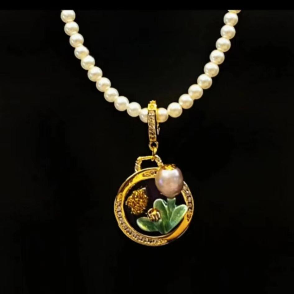 Oil Paiting Freshwater Pearl(4mm) Necklace (detachable and 2 wearing styles)