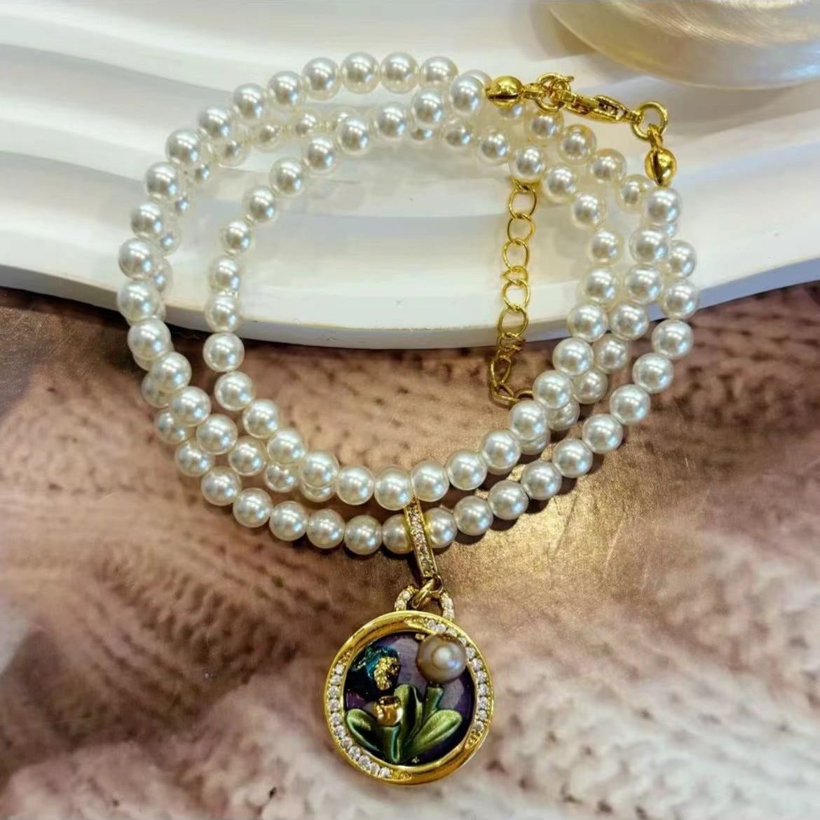 Oil Paiting Freshwater Pearl(4mm) Necklace (detachable and 2 wearing styles)