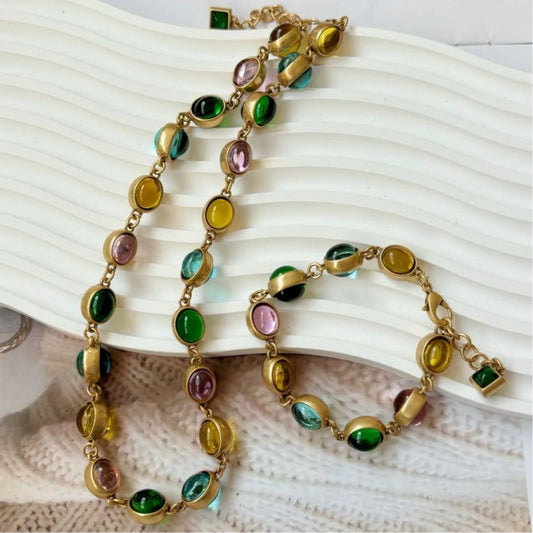 Candy Macaron Oval Color-Block Glass Bracelet and Necklace