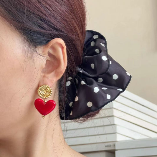 Bordeaux Red Camellia Heart Earrings