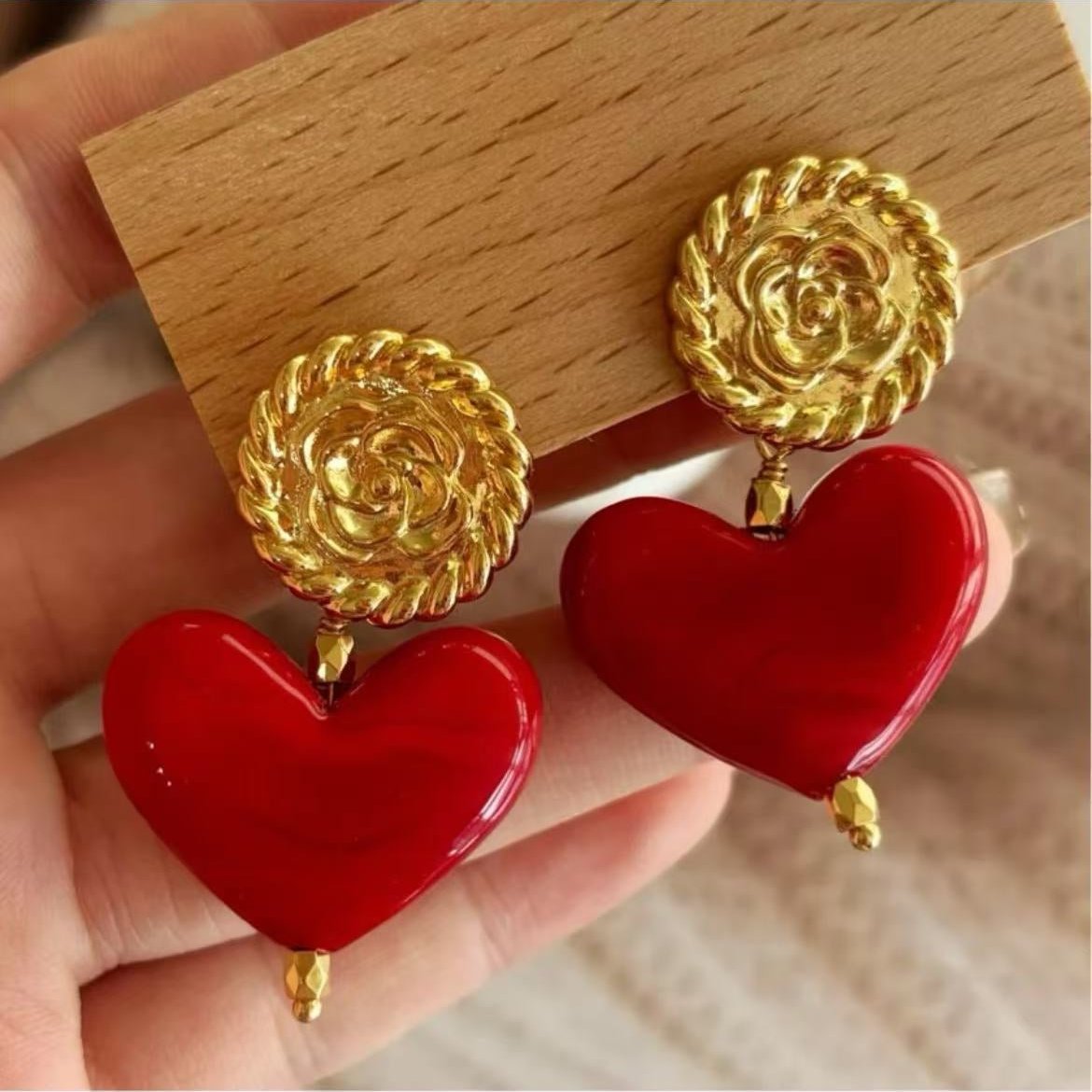 Bordeaux Red Camellia Heart Earrings