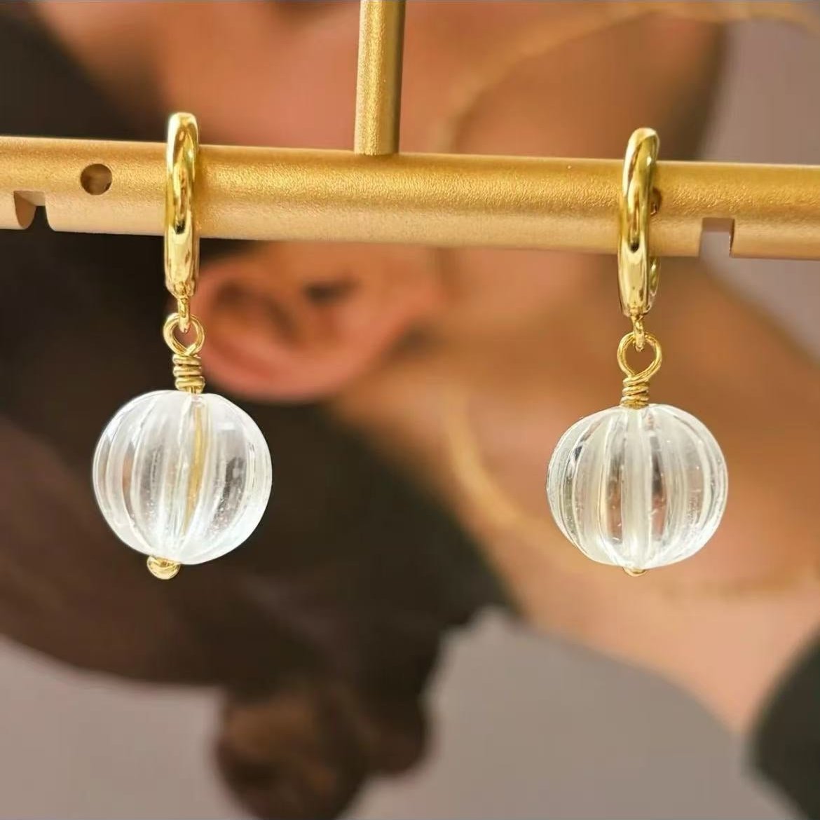 Transparent Pumkin Bead (Natural Cystral) Earrings